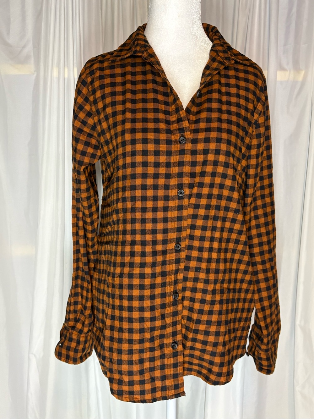 Amazon Essentials Orange and Black Plaid Button-Down Shirt